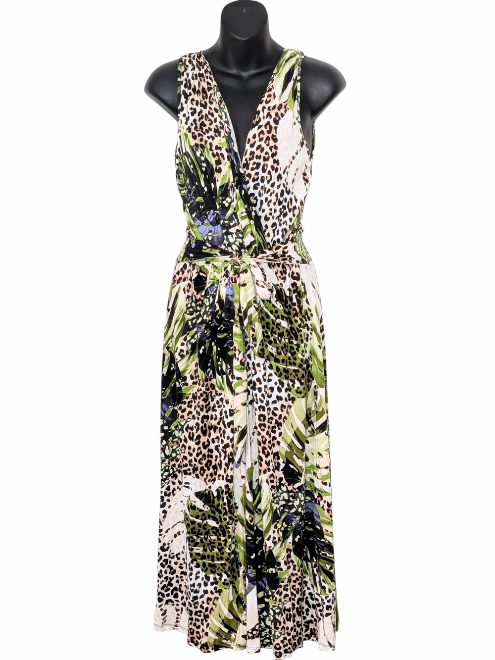 Spense Green Black and Cream Tropical Leopard Print Dress